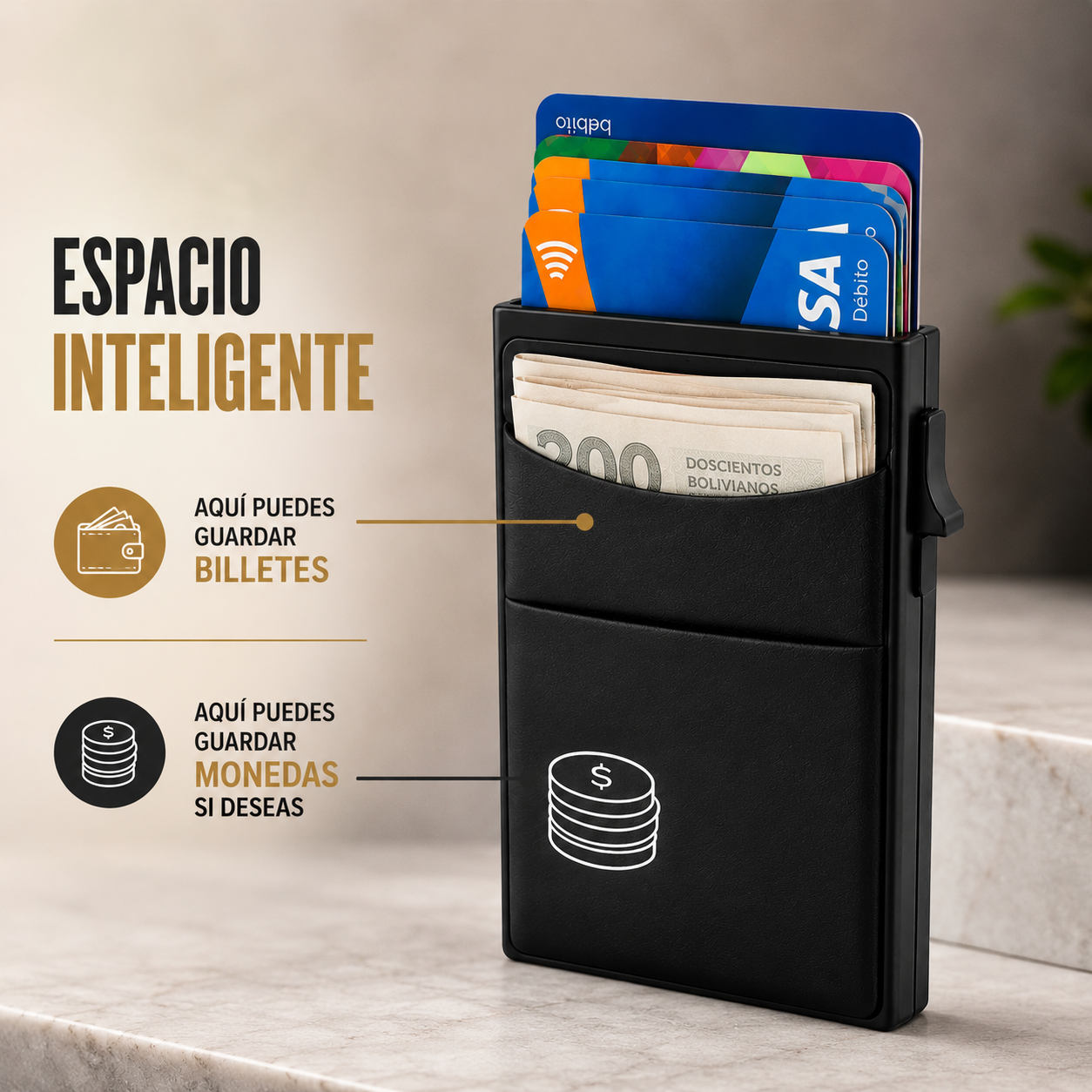 Kern Nova - Bolsillos libres y tarjetas seguras con un solo clic.